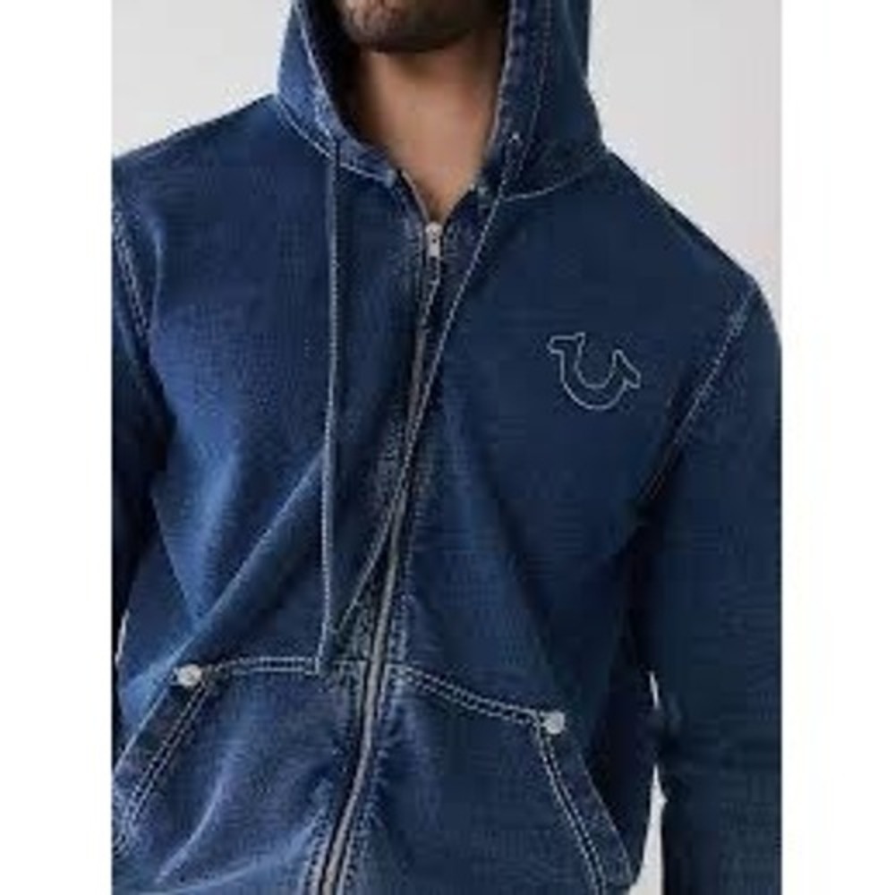 True Religion Mens Indigo Blue World Tour Buddha Full Zip Hoodie Sweatshirt M
